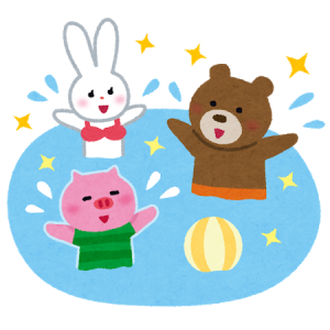 動物がプールで遊んでいるイラスト